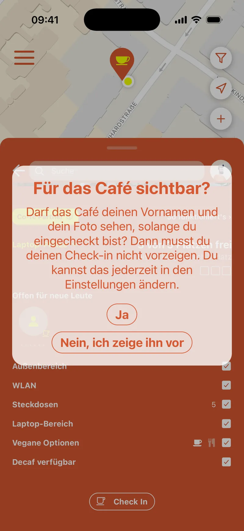 Check-in im Café Träumchen: Die App fragt, ob das Café Vornamen und Foto sehen darf