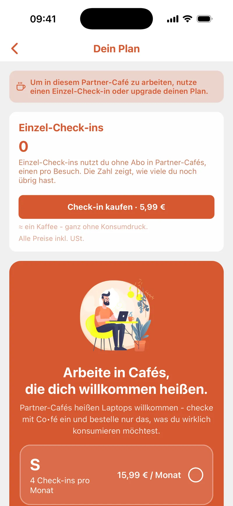 Die Pläne in der App beim Check-in: Einzel-Check-in für 5,99 € oder ein Co•fé Abo