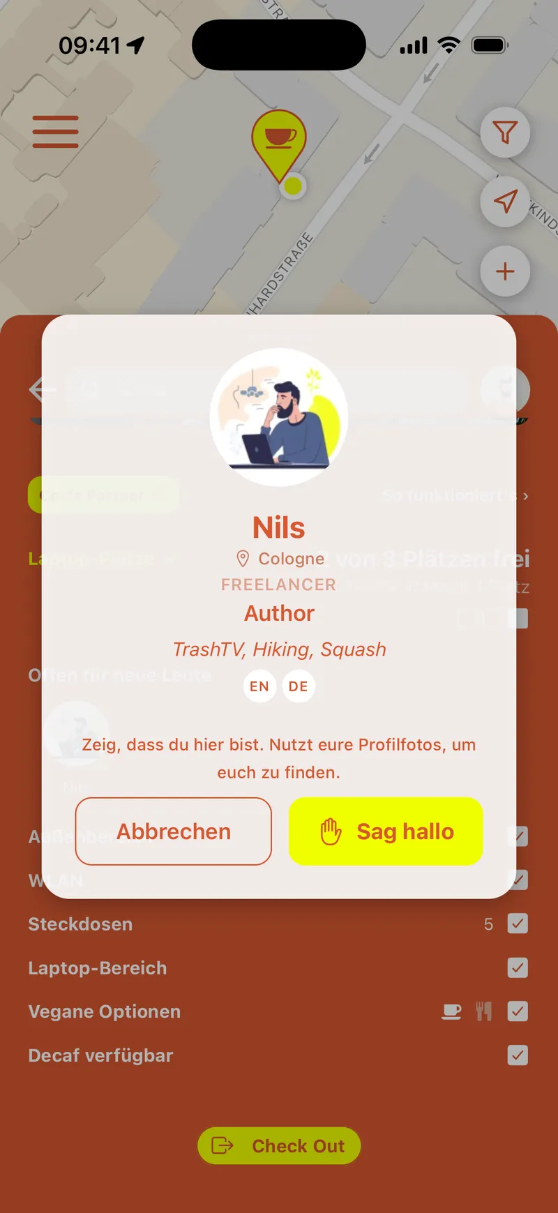 Ein Profil in der App mit dem Knopf Sag hallo